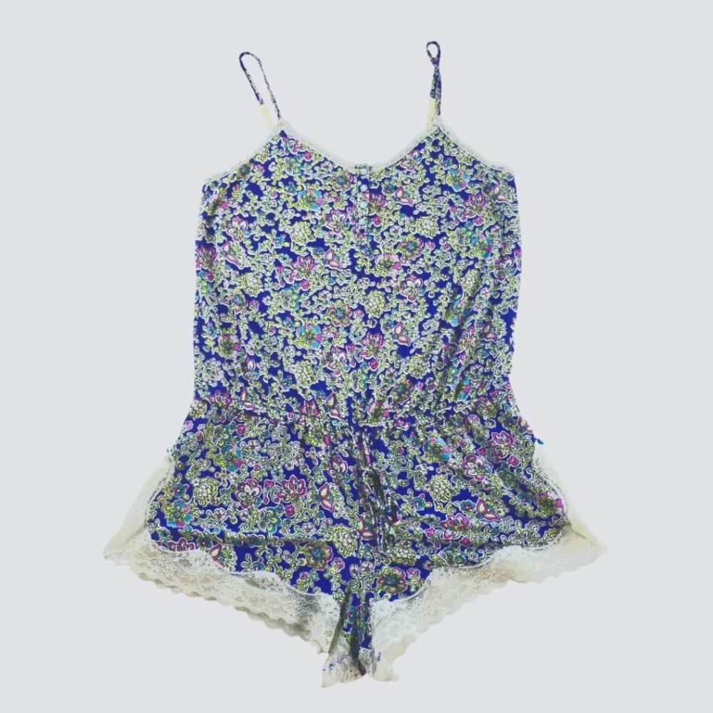 Victoria's Secret Blue Floral Lace Trim Cami Romper‎ Small